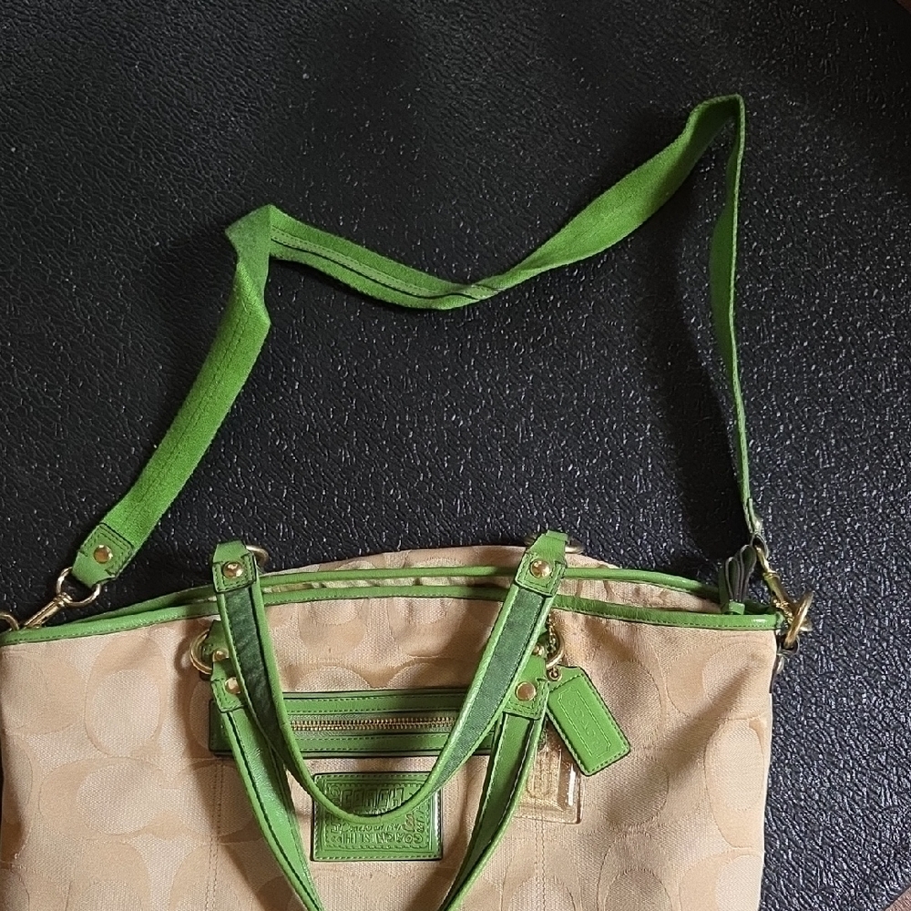 Coach Beige Signature Satchel with Green Trim - Picture 16 of 16